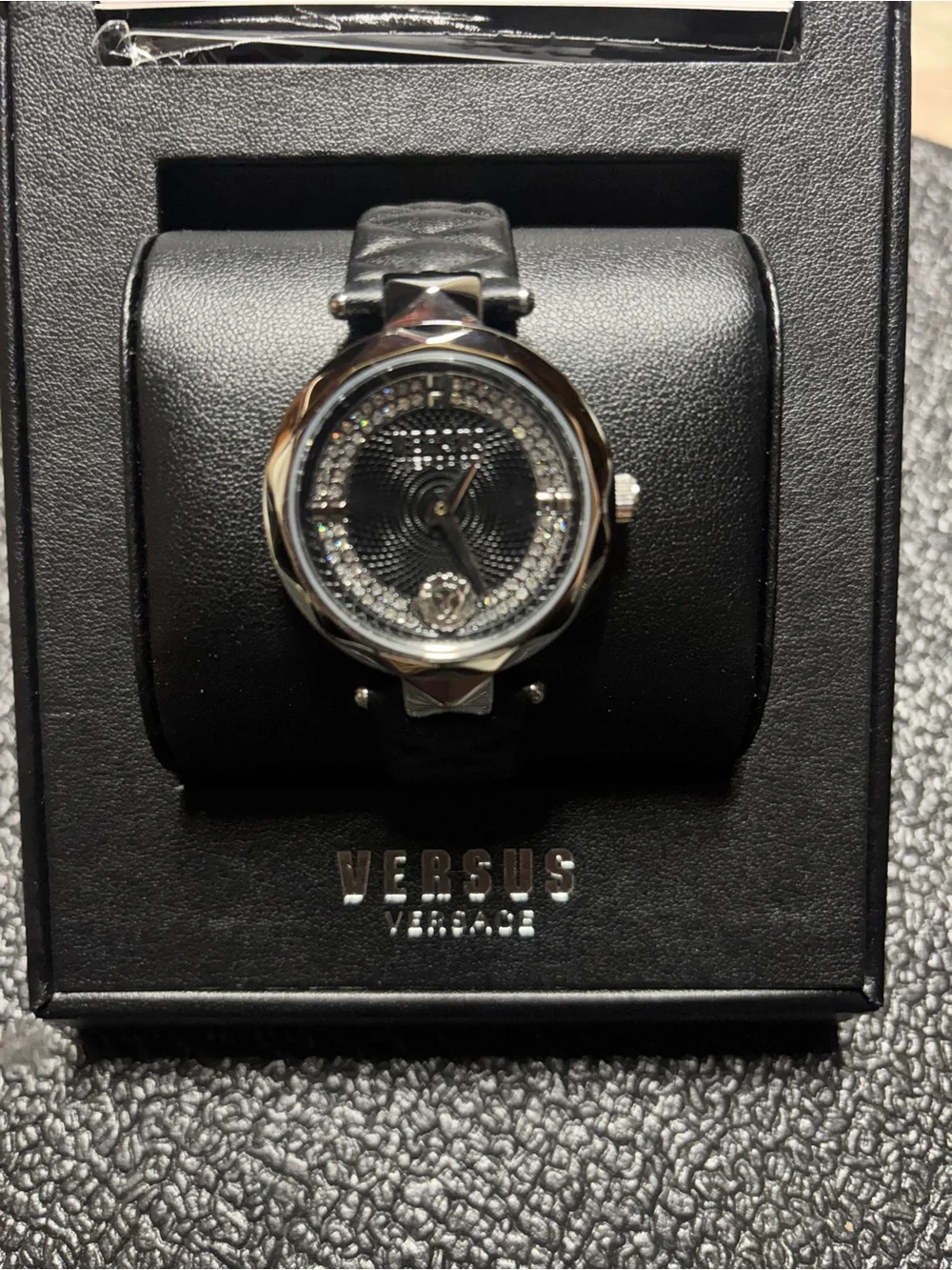 Versus Versace Black Leather Strap Silver-Tone Crystal Dial Watch